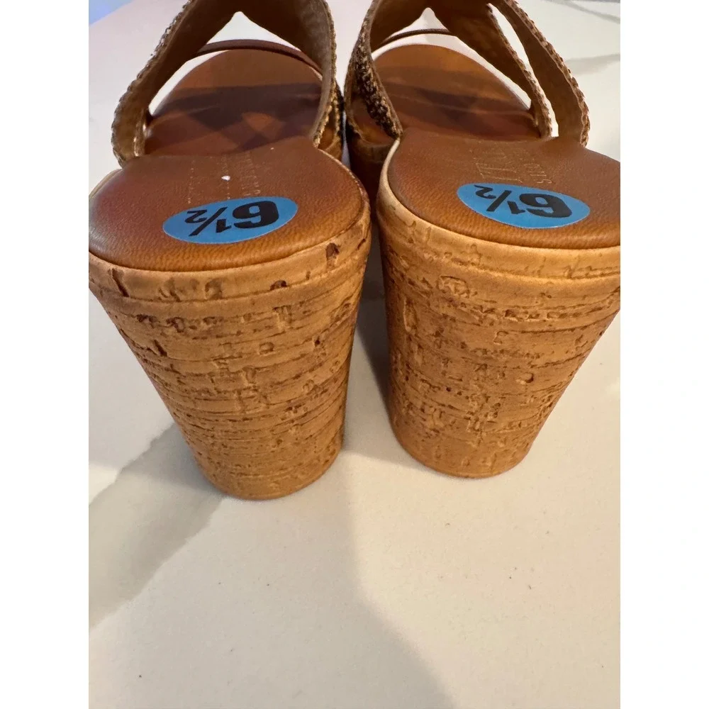 Italian Shoemakers Brown Metallic Woven Cork Wedge Platform Slide Sandals 6.5